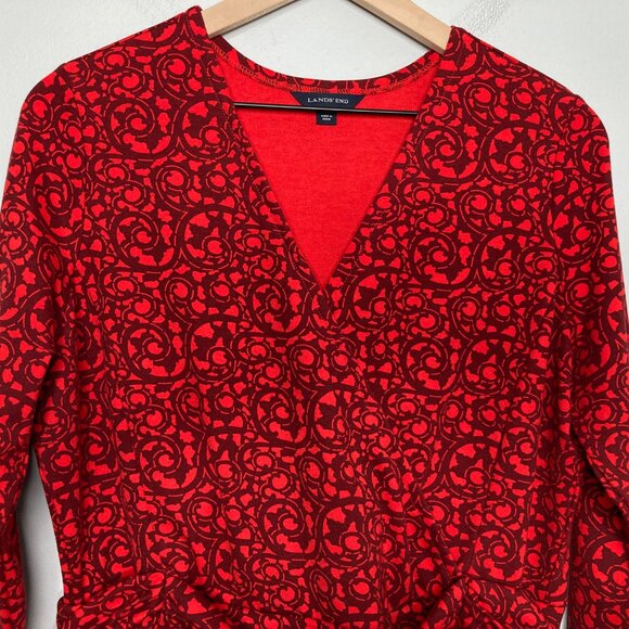 Lands End Dress Womens Large Red Jersey Faux Wrap Graphic Print Career Office - Picture 4 of 10